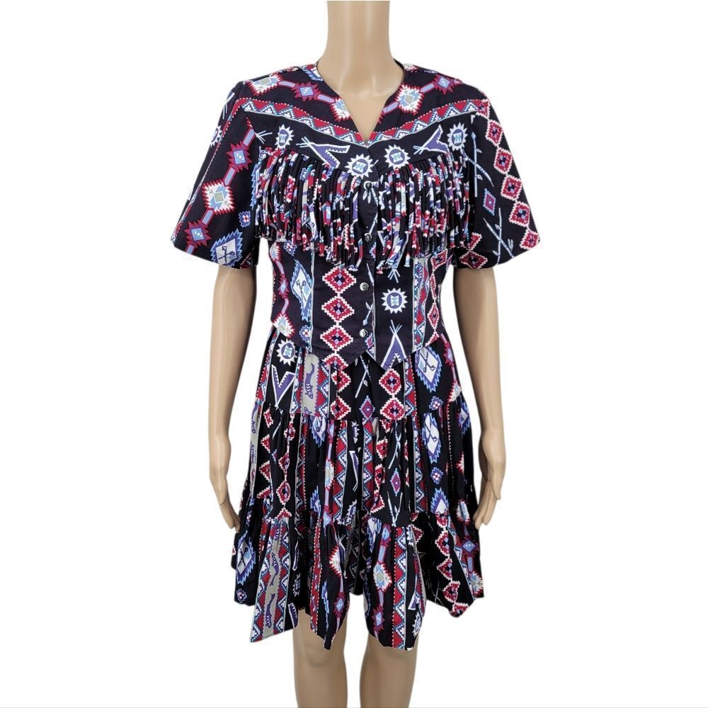Circle T Vintage Western Aztec Print Fringe Crop Top And Skirt Matching Set